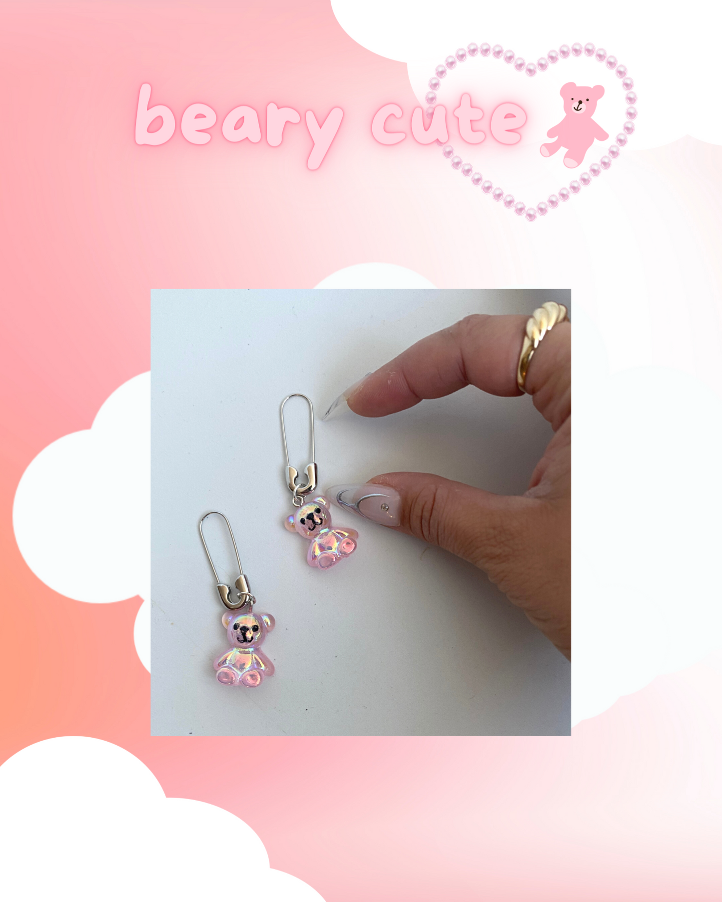 4. beary pink safety pin earrings